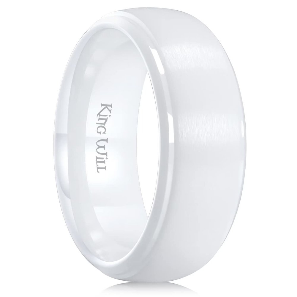 King Will White Ceramic Wedding Rings for Men Women -8mm Width with Brushed Step Edge Design Engagement Wedding Band Comfort Fit 8