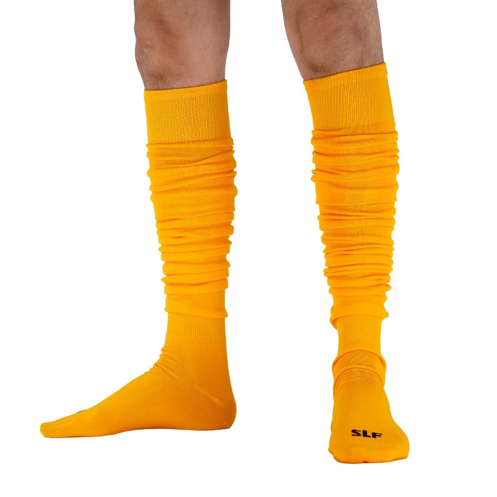 SLEEFS Yellow Gold Scrunch Football Socks - KneeHigh MoistureWicking Extra Long Football Socks for Men, Women & Youth - PreScrunched Design, Enhanced Grip & Shin Guard Support