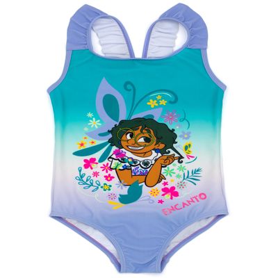 Disney Encanto Swimsuit for Girls | Kids Purple & Blue All in One Floral Swimming Costume| Mirabel Frilly Straps Swimwear