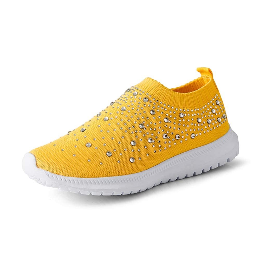HINDOLA Women's Mesh Walking Shoes Rhinestone Glitter Slip On Ballroom Jazz Latin Dance Sock Sneakers Casual Shoes Yellow