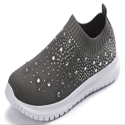 HINDOLA Women's Mesh Walking Shoes Rhinestone Glitter Slip On Ballroom Jazz Latin Dance Sock Sneakers Casual Shoes Grey