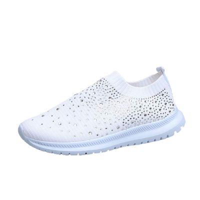 HINDOLA Women's Mesh Walking Shoes Rhinestone Glitter Slip On Ballroom Jazz Latin Dance Sock Sneakers Casual Shoes White
