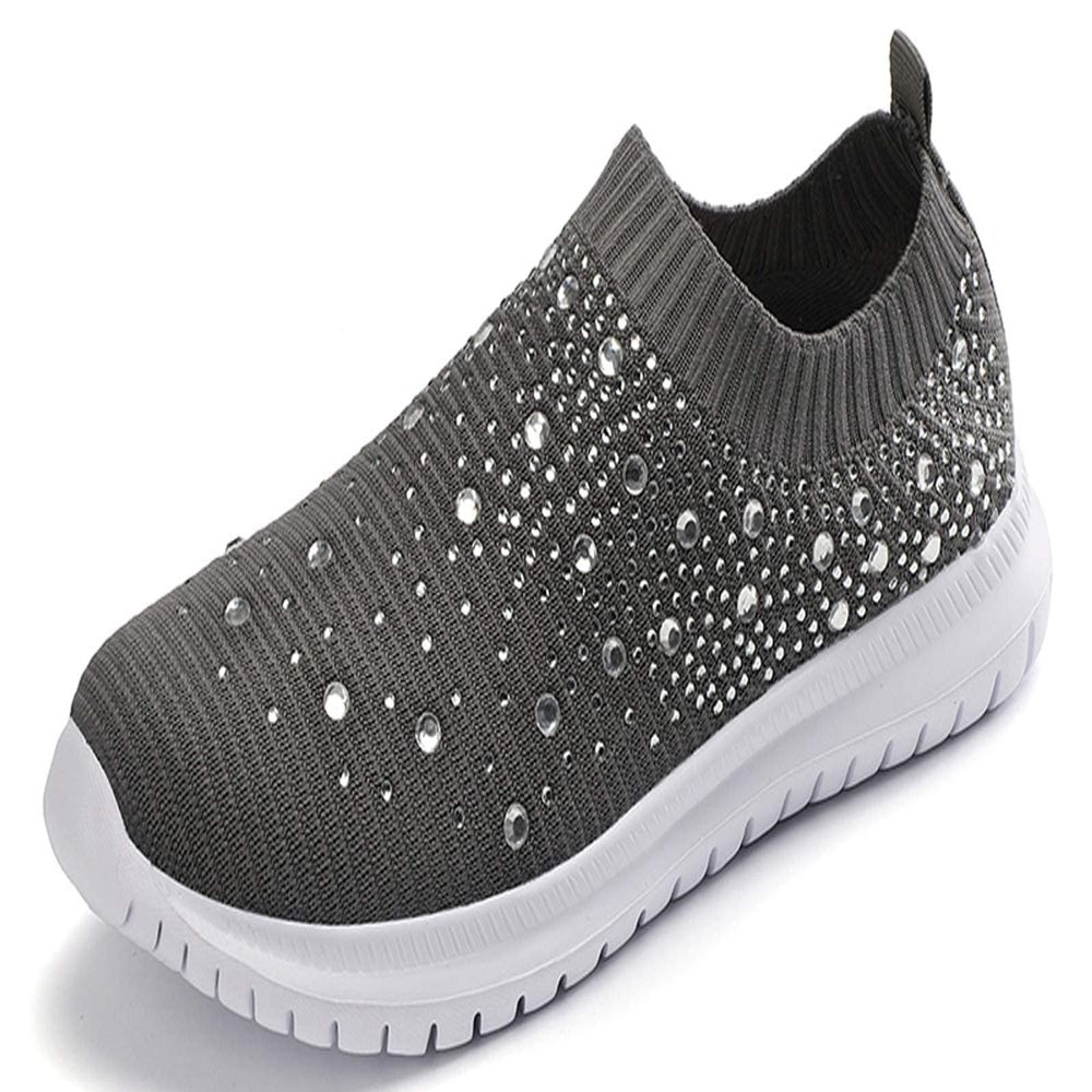 HINDOLA Women's Mesh Walking Shoes Rhinestone Glitter Slip On Ballroom Jazz Latin Dance Sock Sneakers Casual Shoes Grey