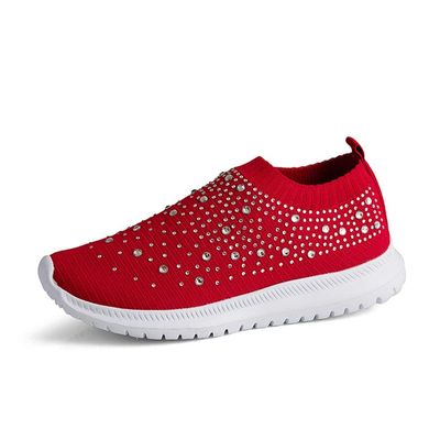 HINDOLA Women's Mesh Walking Shoes Rhinestone Glitter Slip On Ballroom Jazz Latin Dance Sock Sneakers Casual Shoes Red