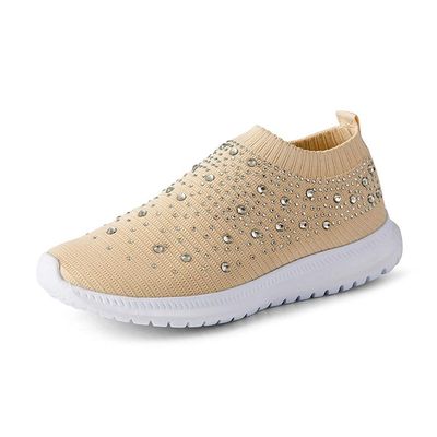 HINDOLA Women's Mesh Walking Shoes Rhinestone Glitter Slip On Ballroom Jazz Latin Dance Sock Sneakers Casual Shoes Khaki