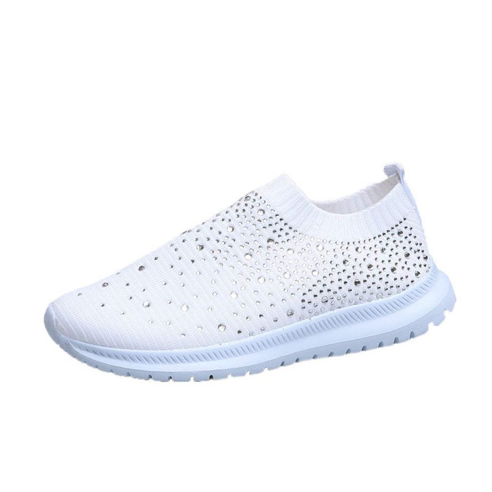 HINDOLA Women's Mesh Walking Shoes Rhinestone Glitter Slip On Ballroom Jazz Latin Dance Sock Sneakers Casual Shoes White