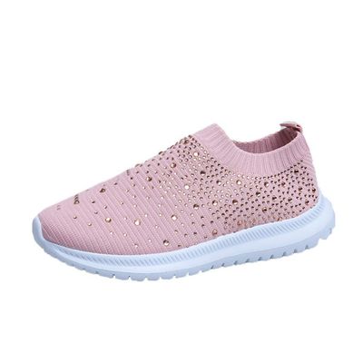 HINDOLA Women's Mesh Walking Shoes Rhinestone Glitter Slip On Ballroom Jazz Latin Dance Sock Sneakers Casual Shoes Pink