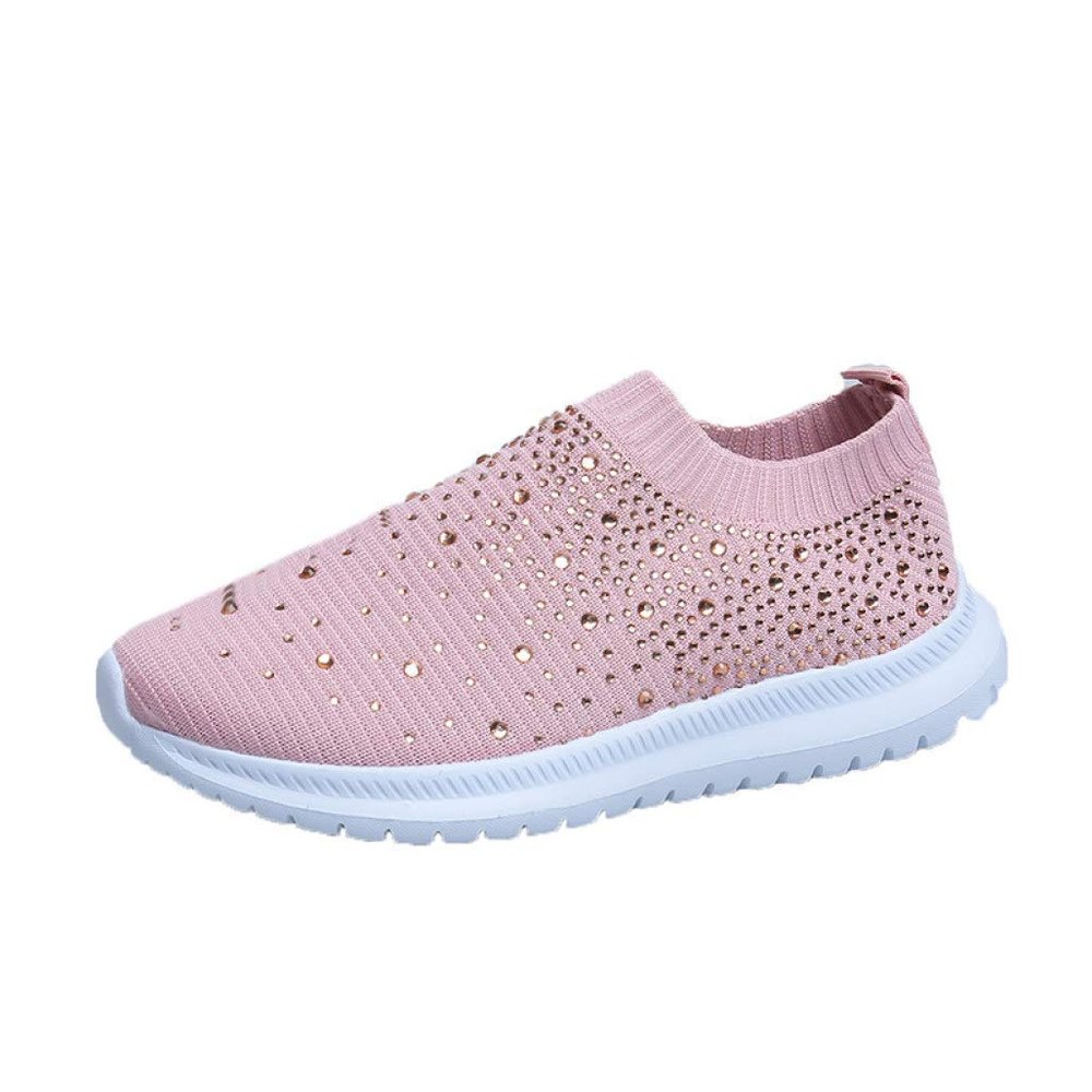 HINDOLA Women's Mesh Walking Shoes Rhinestone Glitter Slip On Ballroom Jazz Latin Dance Sock Sneakers Casual Shoes Pink