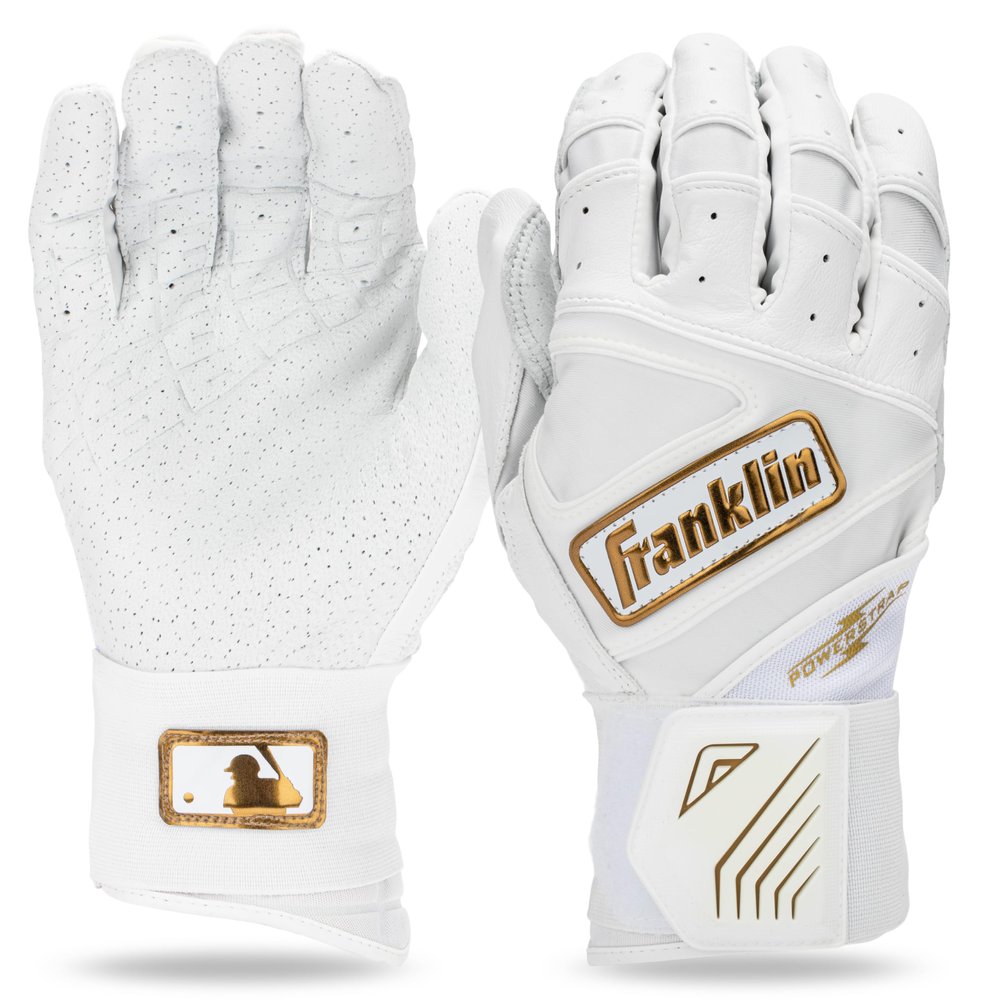 Franklin Sports MLB Batting Gloves - Infinite Powerstrap Baseball + Softball Batting Gloves - Durable Full Wrap Cage Practice Gear - Long Cuff Wrist + Heavy Duty Leather - Adult XXL - White + Gold