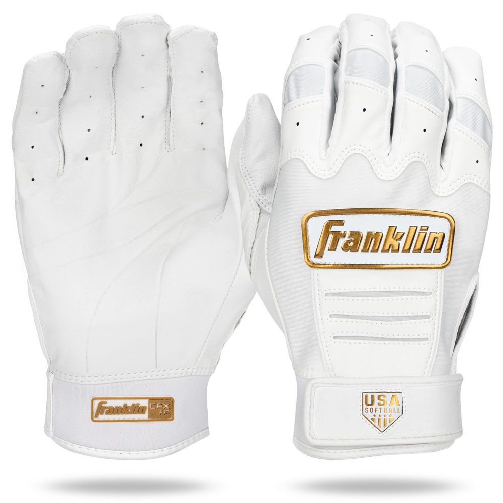 Franklin Sports USA Softball Women's Softball Batting Gloves - CFX Pro Fastpitch + Slowpitch Girls Batting Gloves - Adult + Youth Pairs - White + Gold - Adult Large