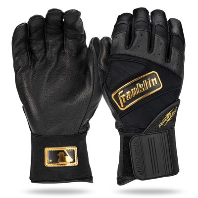 Franklin Sports MLB Batting Gloves - Infinite Powerstrap Baseball + Softball Batting Gloves - Durable Full Wrap Cage Practice Gear - Long Cuff Wrist + Heavy Duty Leather - Adult Large - Black + Gold