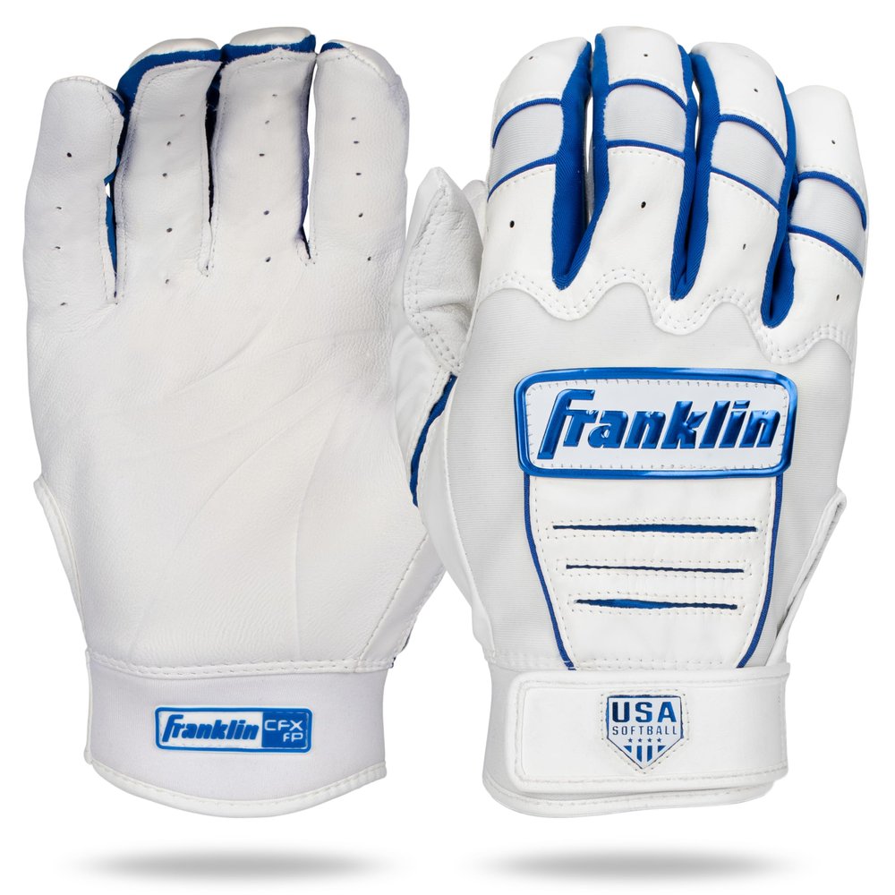 Franklin Sports USA Softball Women's Softball Batting Gloves - CFX Pro Fastpitch + Slowpitch Girls Batting Gloves - Adult + Youth Pairs - White + Royal Blue - Adult Large