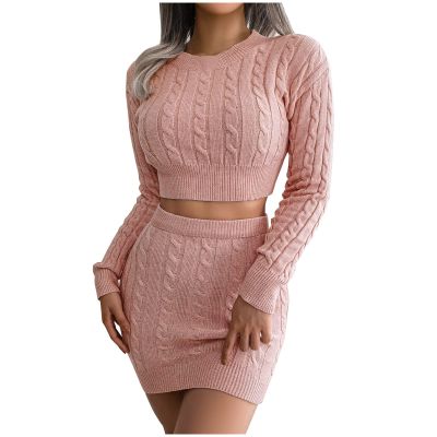 tuduoms Women's Winter 2 Piece Rib Knit Sweater Outfits Fashion Fall Dress Sets Crop Sweater Top and Mini Bodycon Skirt Set