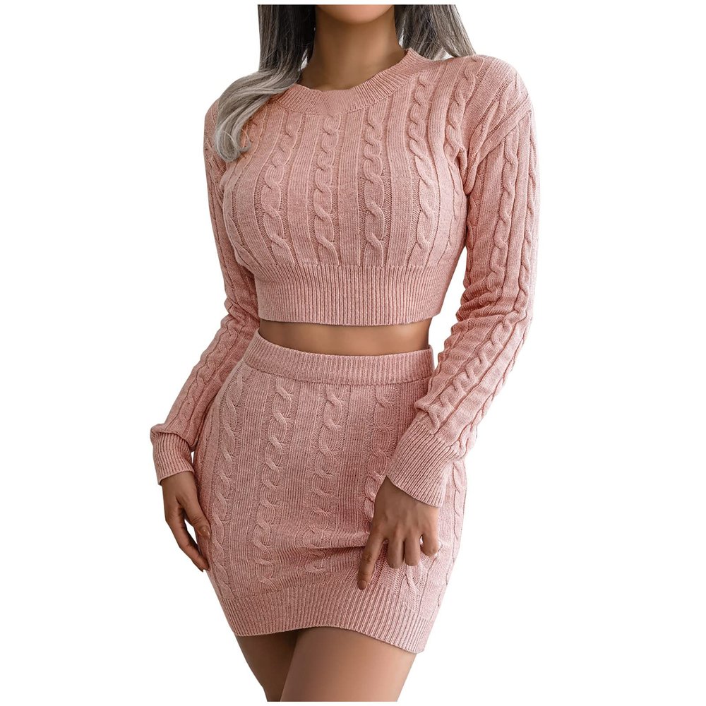 tuduoms Women's Winter 2 Piece Rib Knit Sweater Outfits Fashion Fall Dress Sets Crop Sweater Top and Mini Bodycon Skirt Set