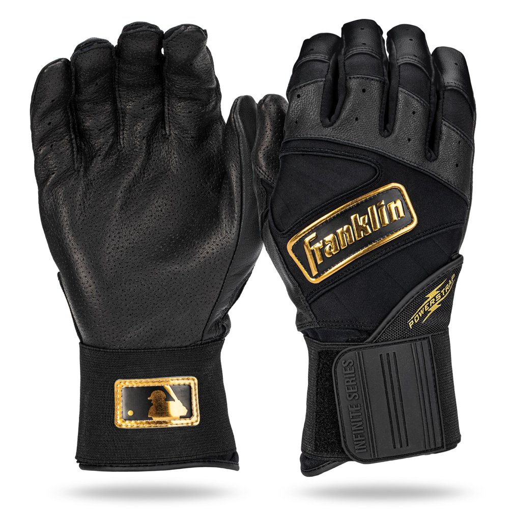 Franklin Sports MLB Batting Gloves - Infinite Powerstrap Baseball + Softball Batting Gloves - Durable Full Wrap Cage Practice Gear - Long Cuff Wrist + Heavy Duty Leather - Adult Medium - Black + Gold