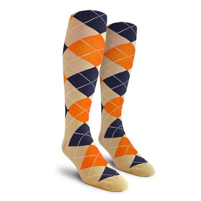 Golf Knickers Colorful Knee High Argyle Cotton Socks For Men Women and Youth - Khaki/Navy/Orange - Mens