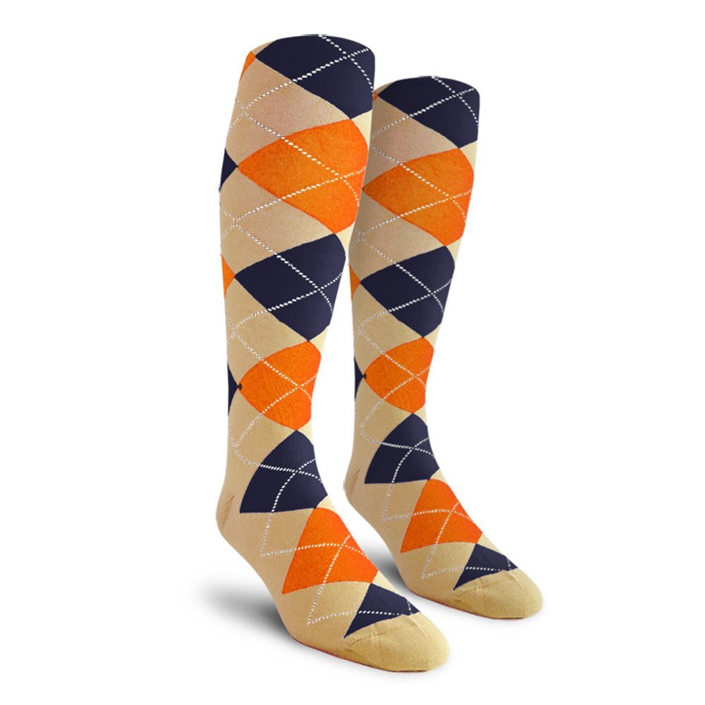 Golf Knickers Colorful Knee High Argyle Cotton Socks For Men Women and Youth - Khaki/Navy/Orange - Mens