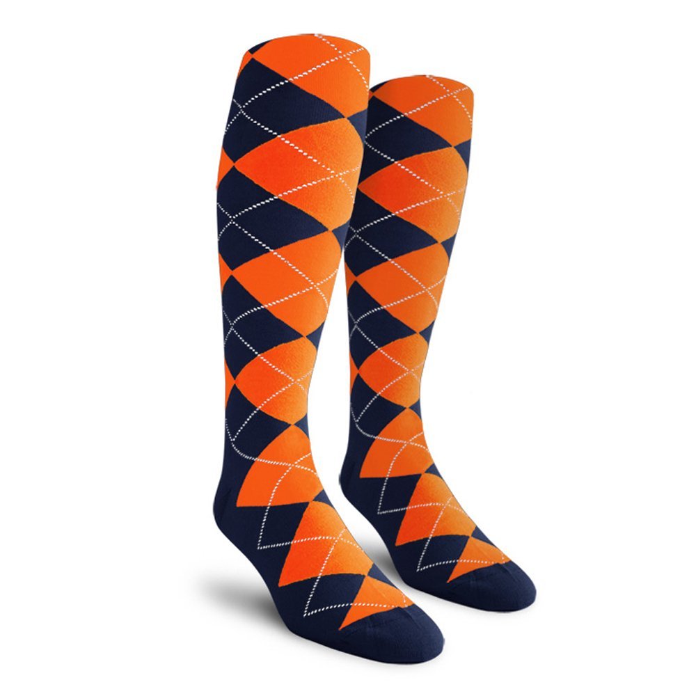 Golf Knickers Colorful Knee High Argyle Cotton Socks For Men Women and Youth - Navy/Orange - Mens