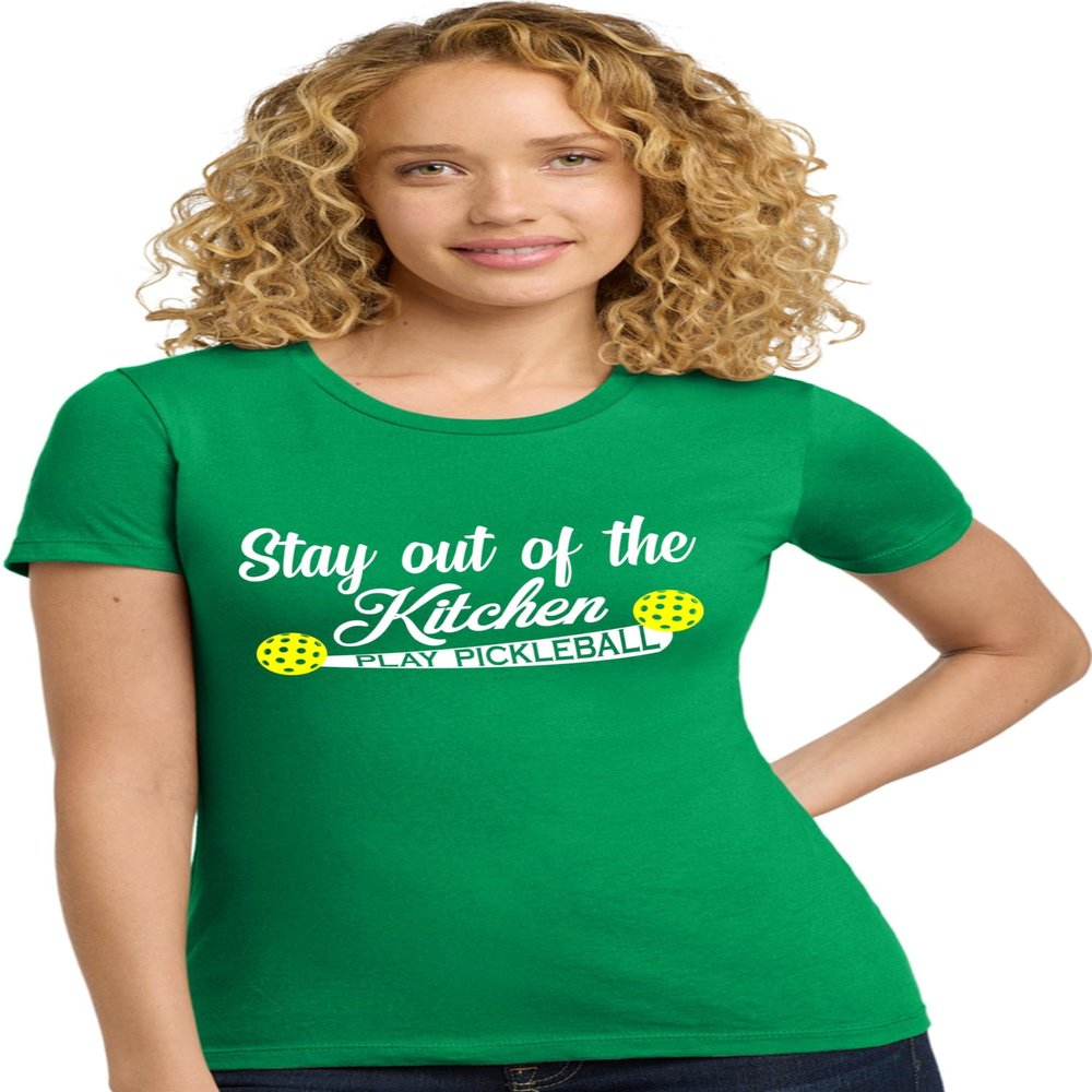 Small Kelly Green Women Stay Out of The Kitchen Play Pickleball Funny Gift Deluxe Soft T-Shirt