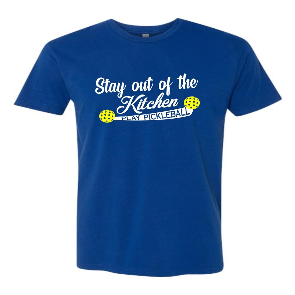 Medium Royal Mens Stay Out of The Kitchen Play Pickleball Funny Gift Deluxe Soft T-Shirt