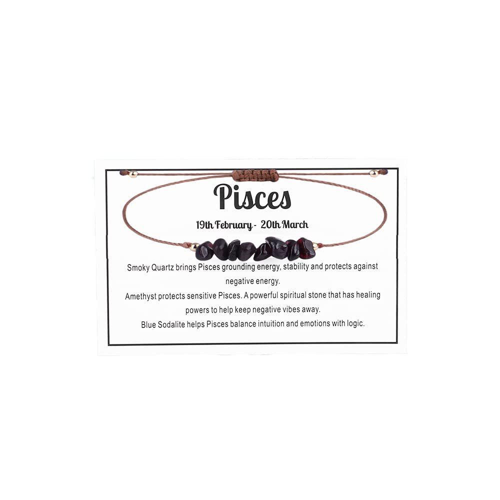 12 Constellation Zodiac Crystal Natural Stone Horoscope Stretch Bracelets Healing Gemstone Adjustable Braid Cord String Rope for Couples Friendship Reiki Yoga Meditation Jewelry-Pisces B