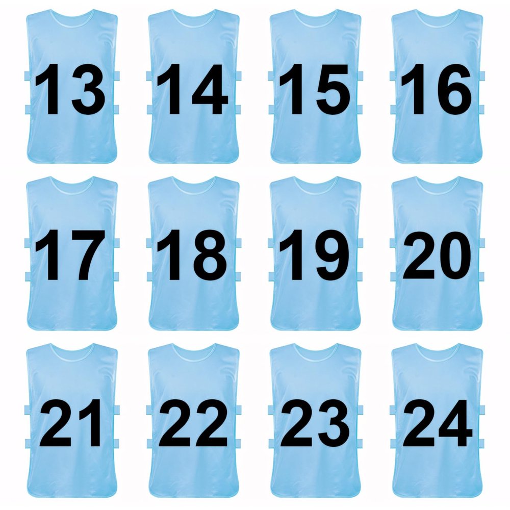 TopTie Sets of 12 (#1-12, 13-24) Numbered Scrimmage Training Vests Sports Pinnies for Adult/Youth-Lightblue[#13 to 24]-Adult