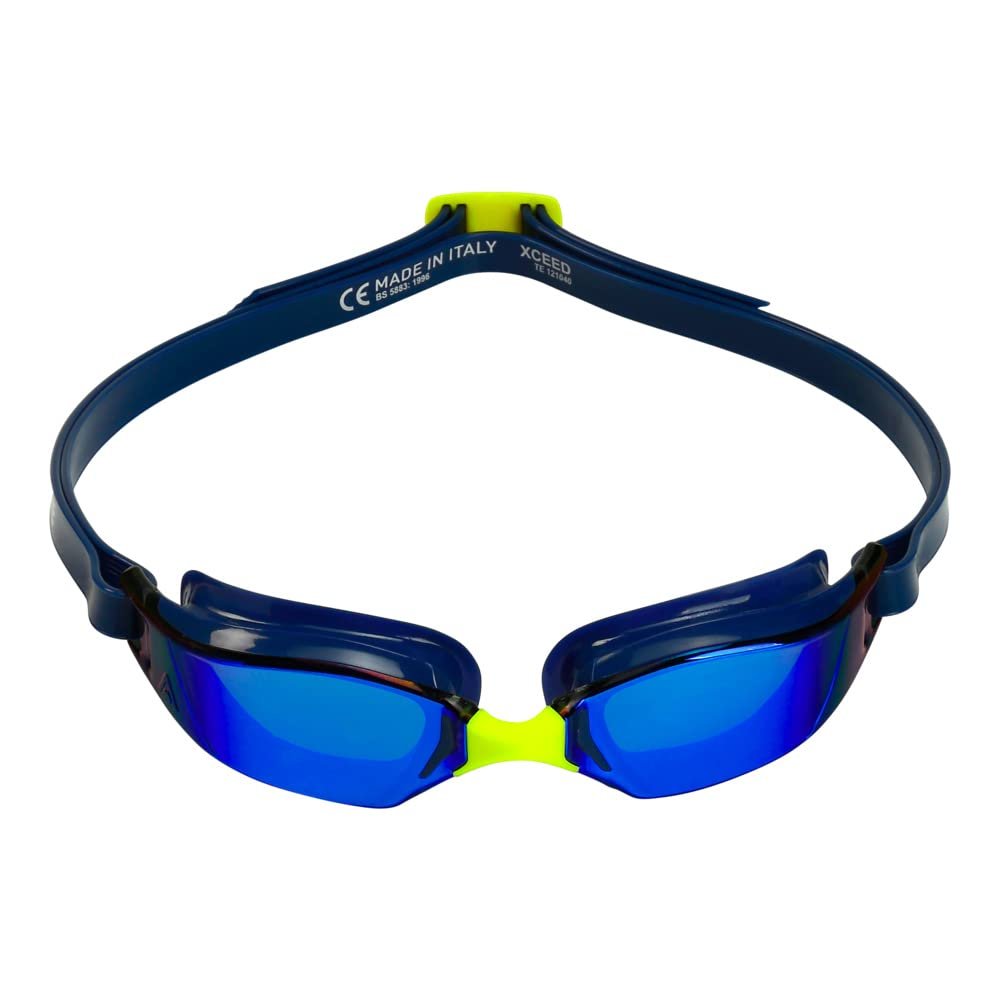 Aqua Sphere XCEED Adult Swim Goggles - Curved Lens Technology, Adjustable Nose Bridge - Ideal Partner for Performance Swimmers - Blue Titanium Mirror Lens/Navy Frame
