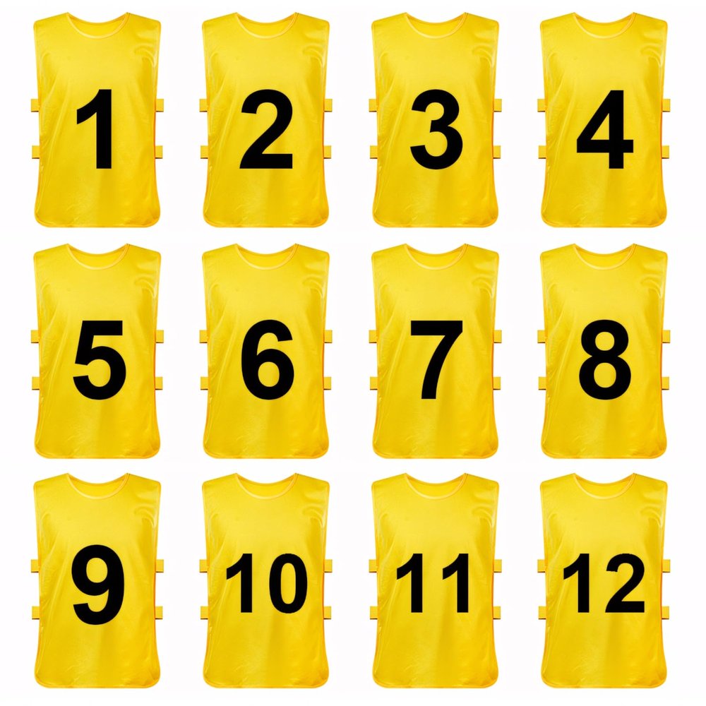 TopTie Sets of 12 (#1-12, 13-24) Numbered Scrimmage Training Vests Sports Pinnies for Adult/Youth-Yellow[#1 to 12]-Adult