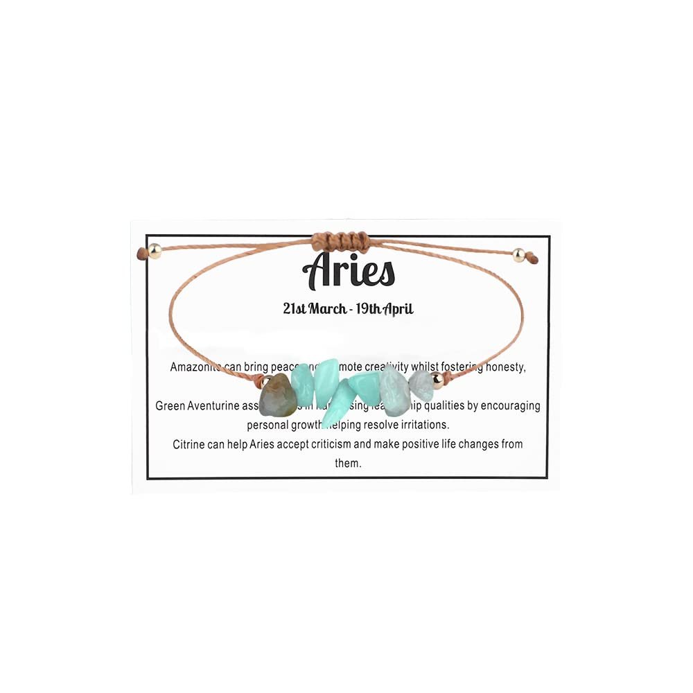 12 Constellation Zodiac Crystal Natural Stone Horoscope Stretch Bracelets Healing Gemstone Adjustable Braid Cord String Rope for Couples Friendship Reiki Yoga Meditation Jewelry-Aries B