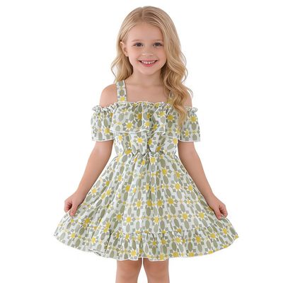 AGQT Toddler Girls Summer Off Shoulder Floral Dress Boho Princess Chiffon Ruffle Sundress for Beach Wedding Vacation Green Sunflower on White 3-4T