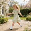 AGQT Toddler Girls Summer Off Shoulder Floral Dress Boho Princess Chiffon Ruffle Sundress for Beach Wedding Vacation Green Sunflower on White 3-4T view 3