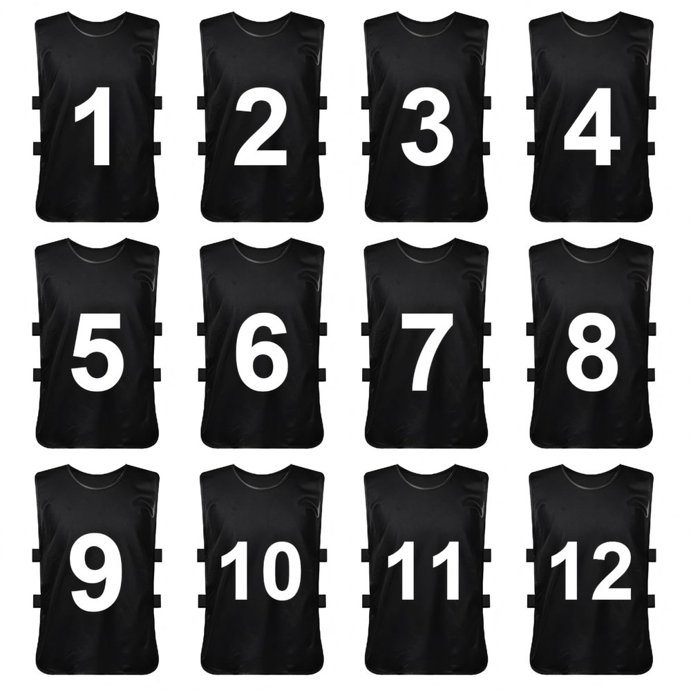 TopTie Sets of 12 (#1-12, 13-24) Numbered Scrimmage Training Vests Sports Pinnies for Adult/Youth-Black[#1 to 12]-XL