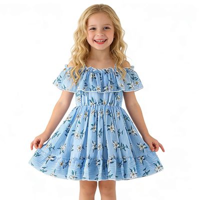 AGQT Toddler Girls Summer Off Shoulder Floral Dress Boho Princess Chiffon Ruffle Sundress for Beach Wedding Vacation White Flower on Blue 4-5T