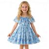 AGQT Toddler Girls Summer Off Shoulder Floral Dress Boho Princess Chiffon Ruffle Sundress for Beach Wedding Vacation White Flower on Blue 4-5T view 1