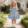 AGQT Toddler Girls Summer Off Shoulder Floral Dress Boho Princess Chiffon Ruffle Sundress for Beach Wedding Vacation White Flower on Blue 4-5T view 2