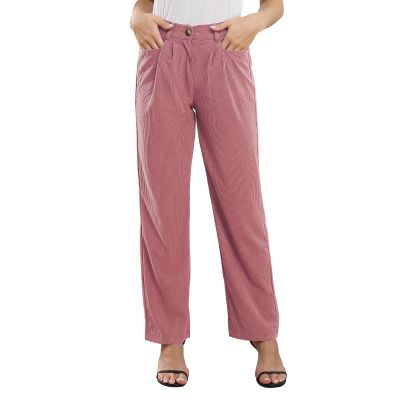 ANGGREK Womens Casual High Waisted Corduroy Straight Leg Pants Loose Comfy Trousers with Pockets(Pink,Medium), 2-pink