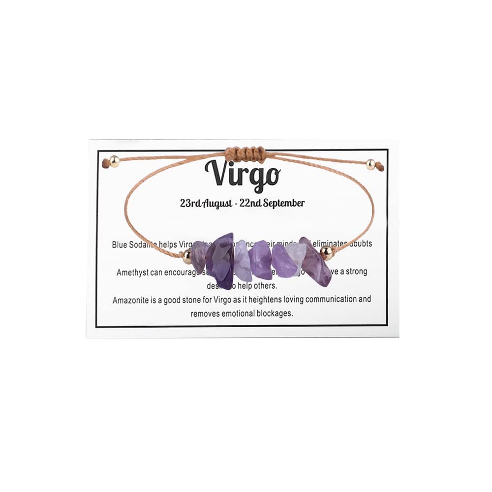 12 Constellation Zodiac Crystal Natural Stone Horoscope Stretch Bracelets Healing Gemstone Adjustable Braid Cord String Rope for Couples Friendship Reiki Yoga Meditation Jewelry-Virgo B