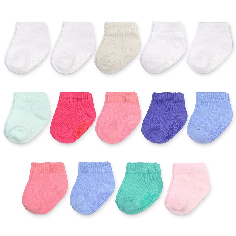 Fruit of the Loom Baby 14-Pack Grow & Fit Flex Zones Cotton Stretch Low Cut Socks - Unisex, Girls, Boys (2-4 Years, Pink)
