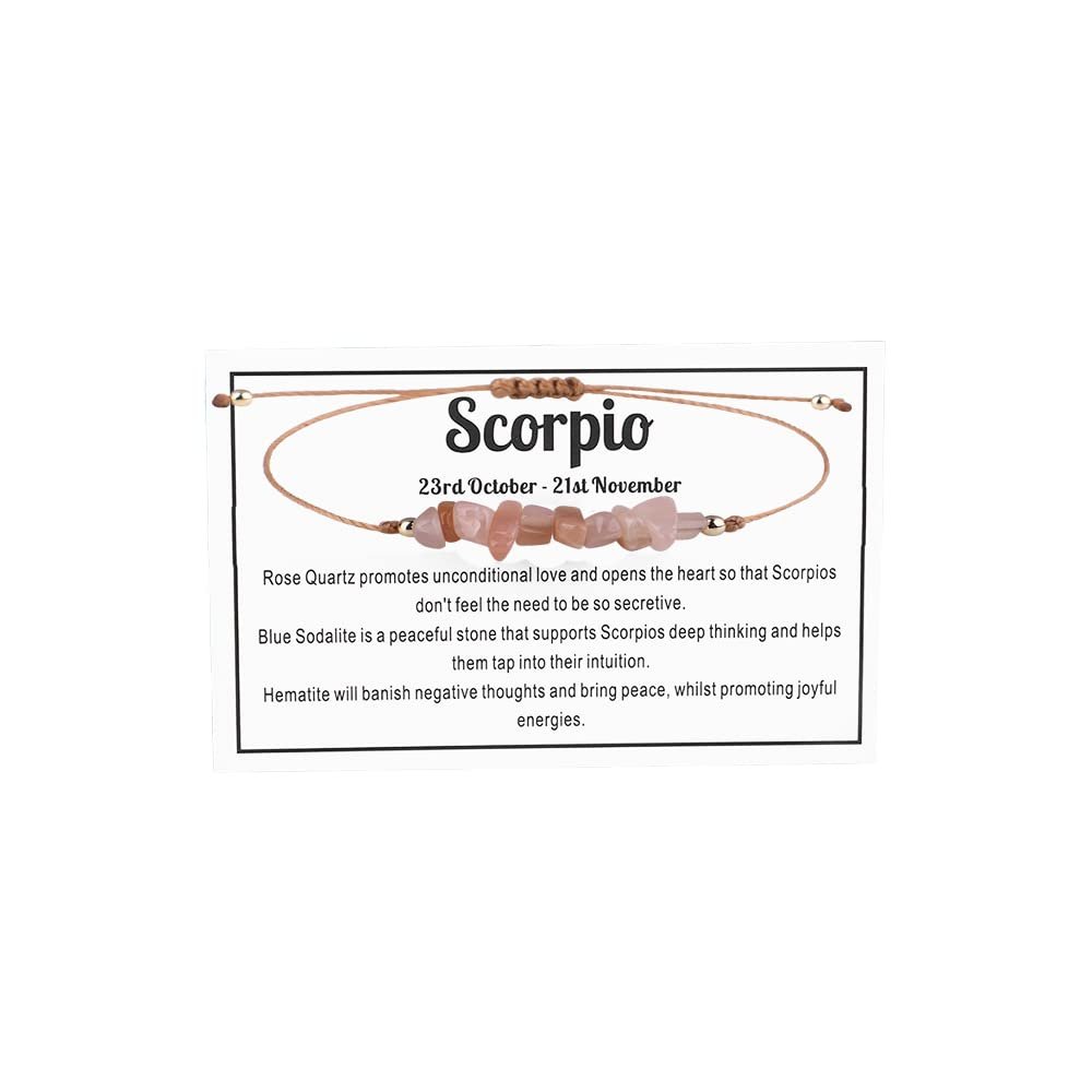 12 Constellation Zodiac Crystal Natural Stone Horoscope Stretch Bracelets Healing Gemstone Adjustable Braid Cord String Rope for Couples Friendship Reiki Yoga Meditation Jewelry-Scorpio B