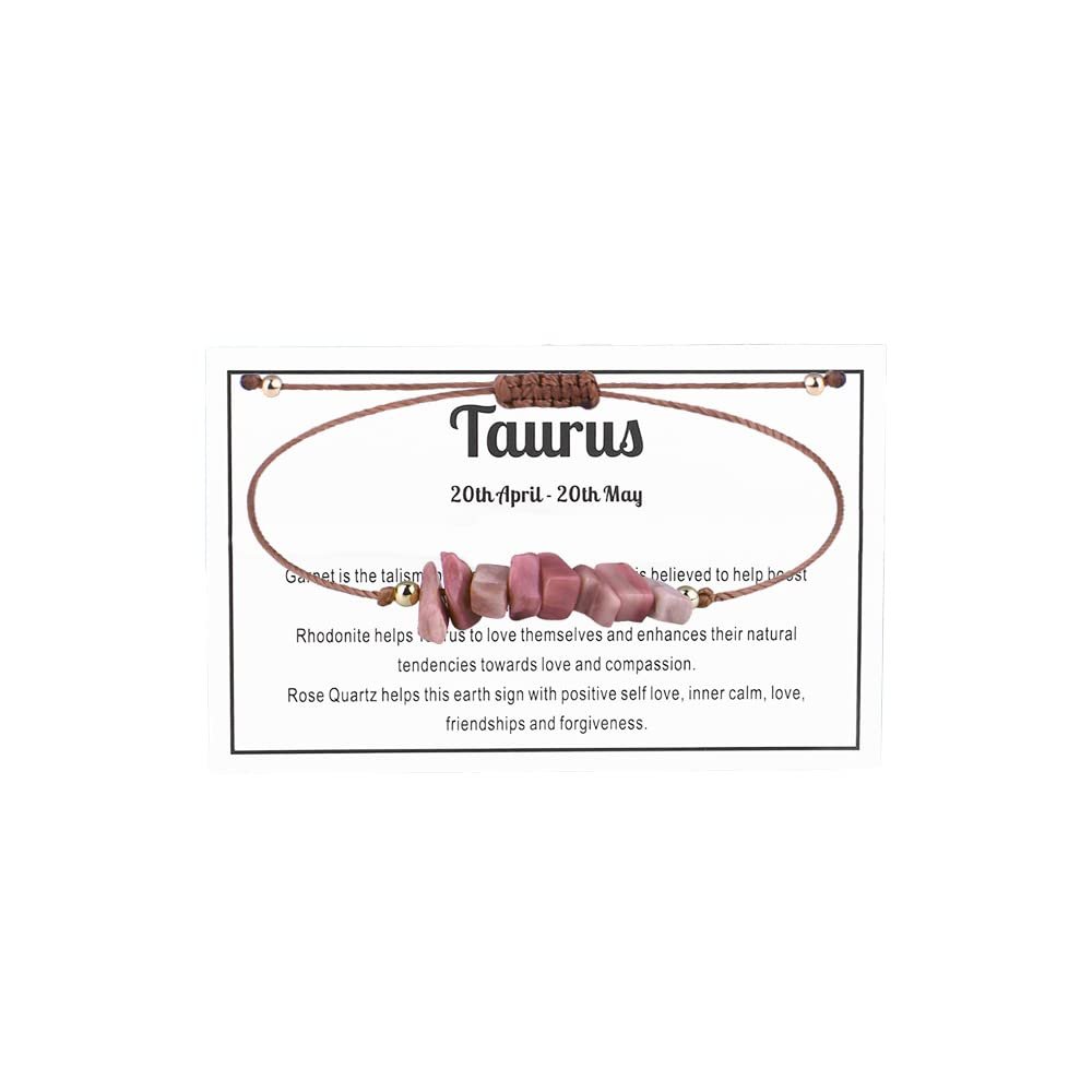 12 Constellation Zodiac Crystal Natural Stone Horoscope Stretch Bracelets Healing Gemstone Adjustable Braid Cord String Rope for Couples Friendship Reiki Yoga Meditation Jewelry-Taurus B