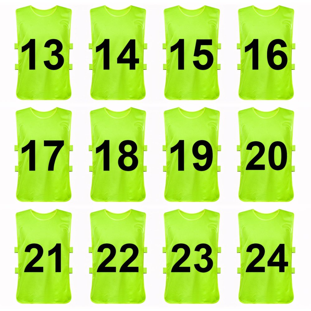 TOPTIE Sets of 12 (#1-12, 13-24) Numbered Scrimmage Training Vests Sports Pinnies for Adult/Youth-Green[#13 to 24]-Adult