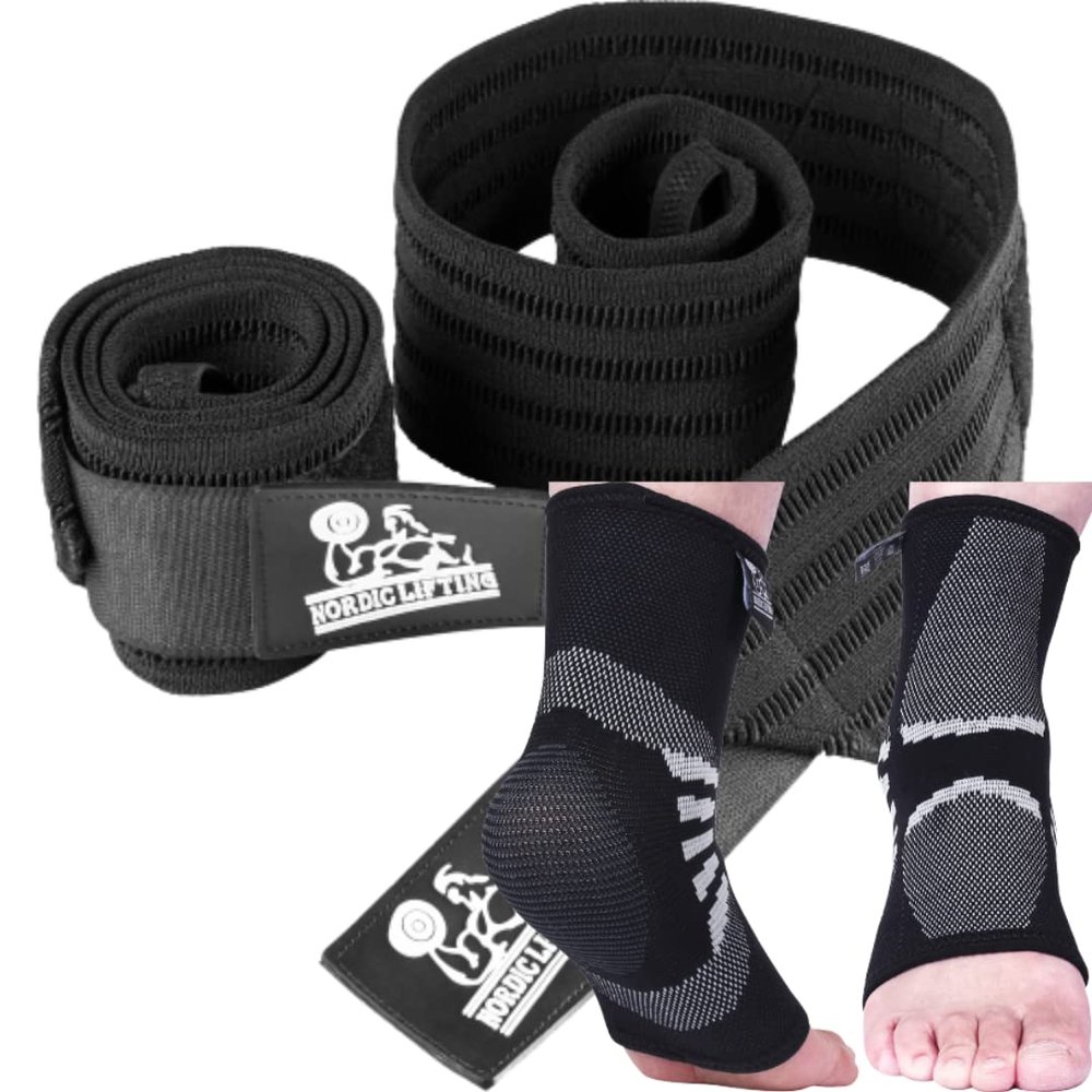 Nordic Lifting Super Heavy Duty Wrist Wraps Multi-Purpose Bundle with Anke Compression Sleeve Medium
