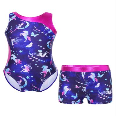 Jhaoyu Girls Kids Ballet Dance Gymnastics Leotards Outfits Sleeveless Printed Bodysuit Unitard with Metallic Shorts Set Navy Blue E 14 Years