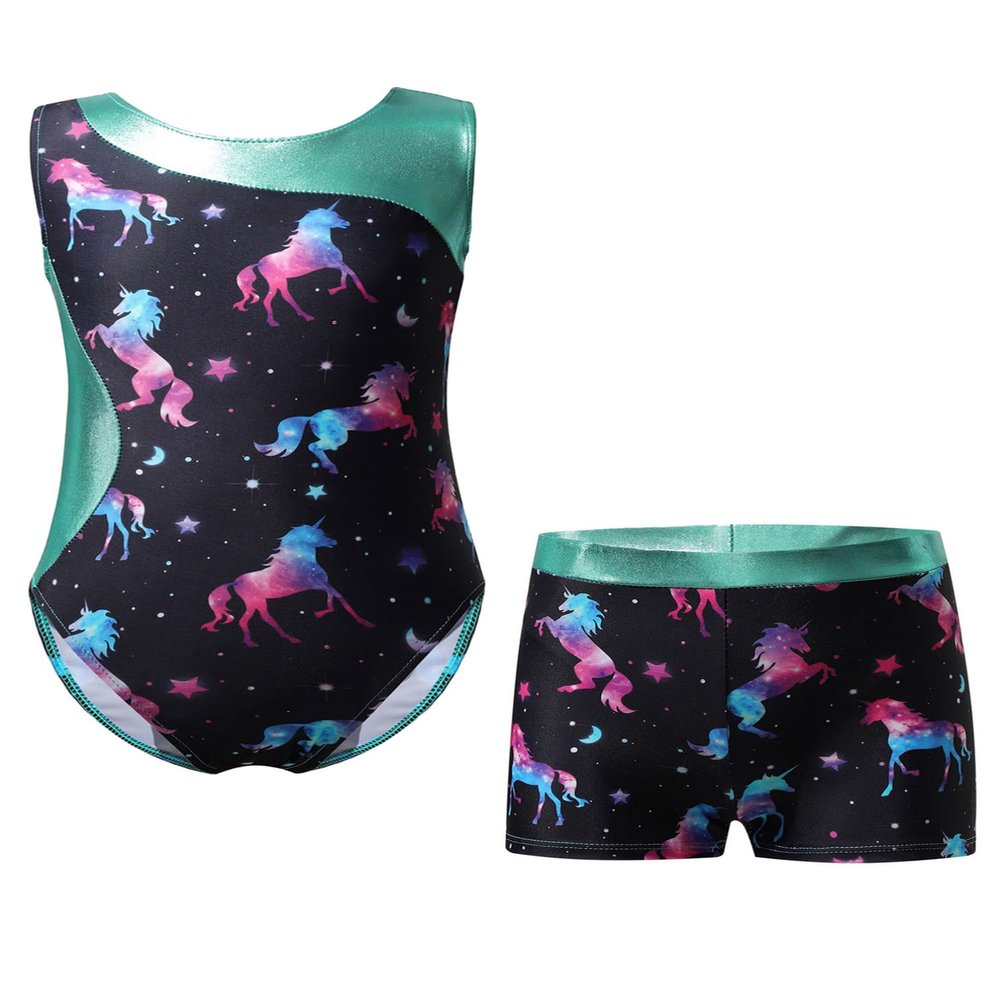 Jhaoyu Girls Kids Ballet Dance Gymnastics Leotards Outfits Sleeveless Printed Bodysuit Unitard with Metallic Shorts Set Dark Night E 12 Years