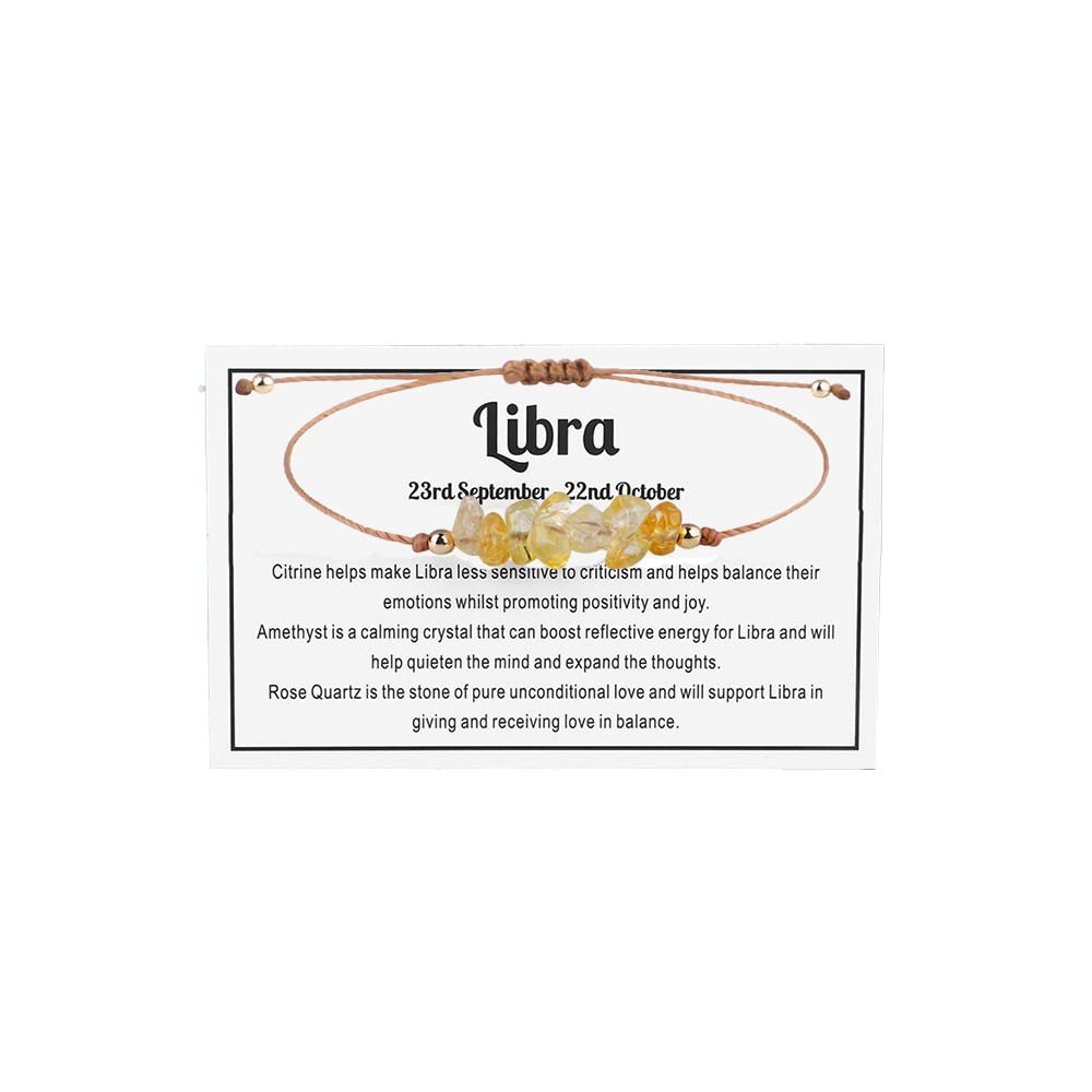 12 Constellation Zodiac Crystal Natural Stone Horoscope Stretch Bracelets Healing Gemstone Adjustable Braid Cord String Rope for Couples Friendship Reiki Yoga Meditation Jewelry-Libra B