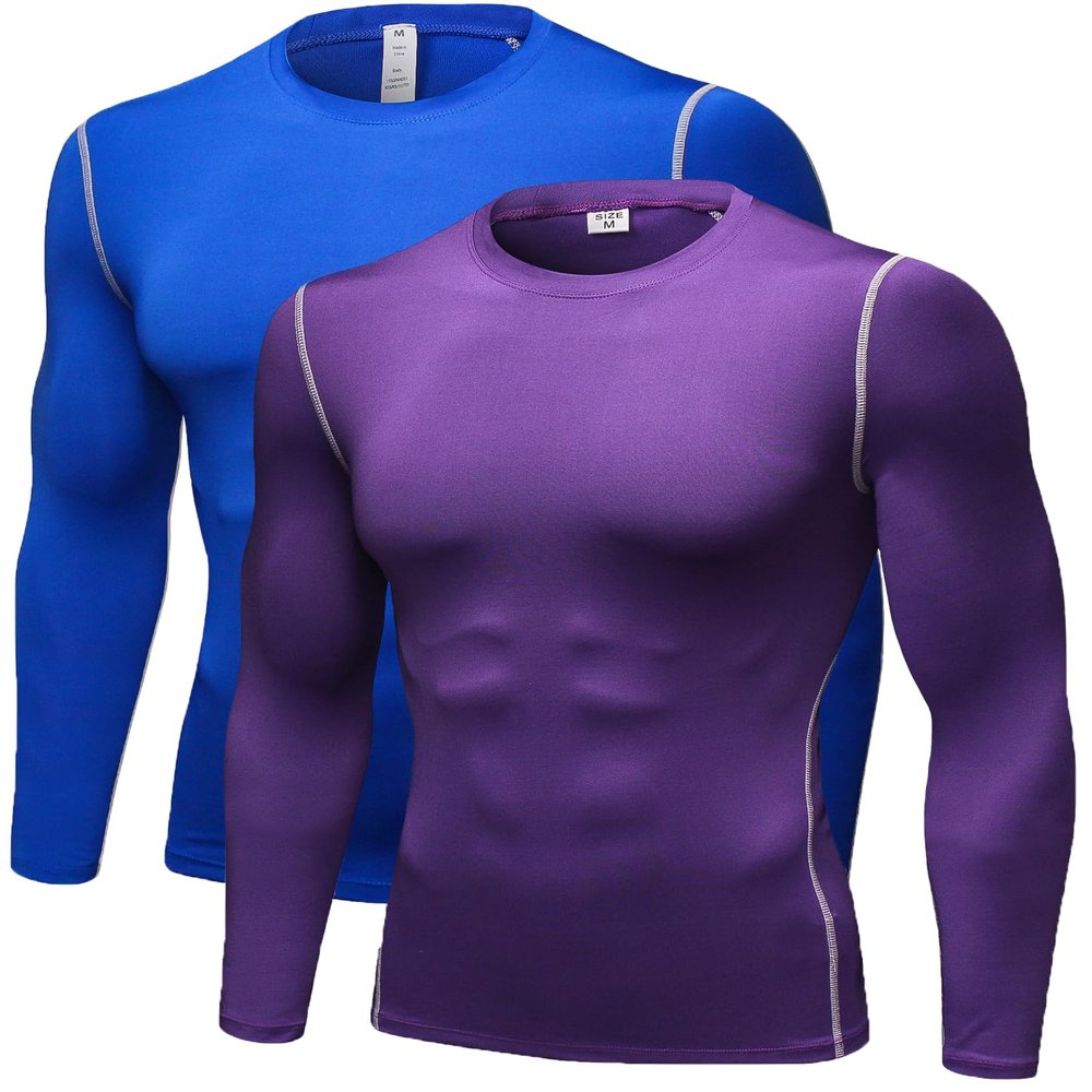 Men's Compression Long Sleeve Shirts, Cool Dry Sport Workout Underwear Shirt Athletic Baselayer Running Gym Tops 2 Pack