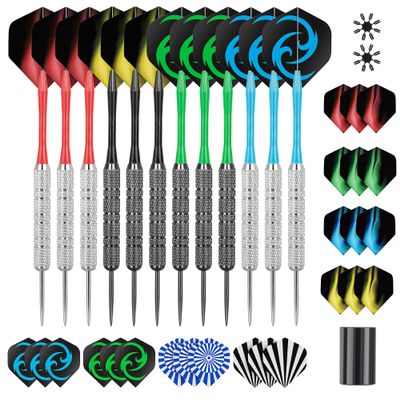 CareGames Steel Tip Darts, Professional Metal Darts,12pcs 18 Gram Darts Metal Tip Set with 12 Shafts,24 Extra Flights,2 Flight Protectors and Dart Sharpener,Metal Darts for Dartboard