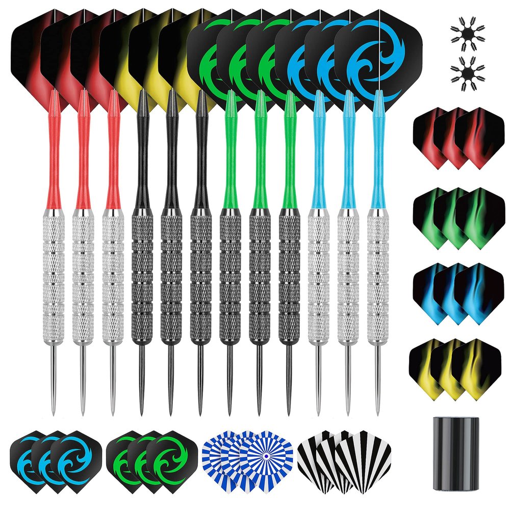 CareGames Steel Tip Darts, Professional Metal Darts,12pcs 18 Gram Darts Metal Tip Set with 12 Shafts,24 Extra Flights,2 Flight Protectors and Dart Sharpener,Metal Darts for Dartboard