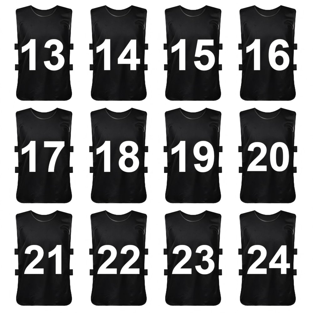 TopTie Sets of 12 (#1-12, 13-24) Numbered Scrimmage Training Vests Sports Pinnies for Adult/Youth-Black[#13 to 24]-Adult