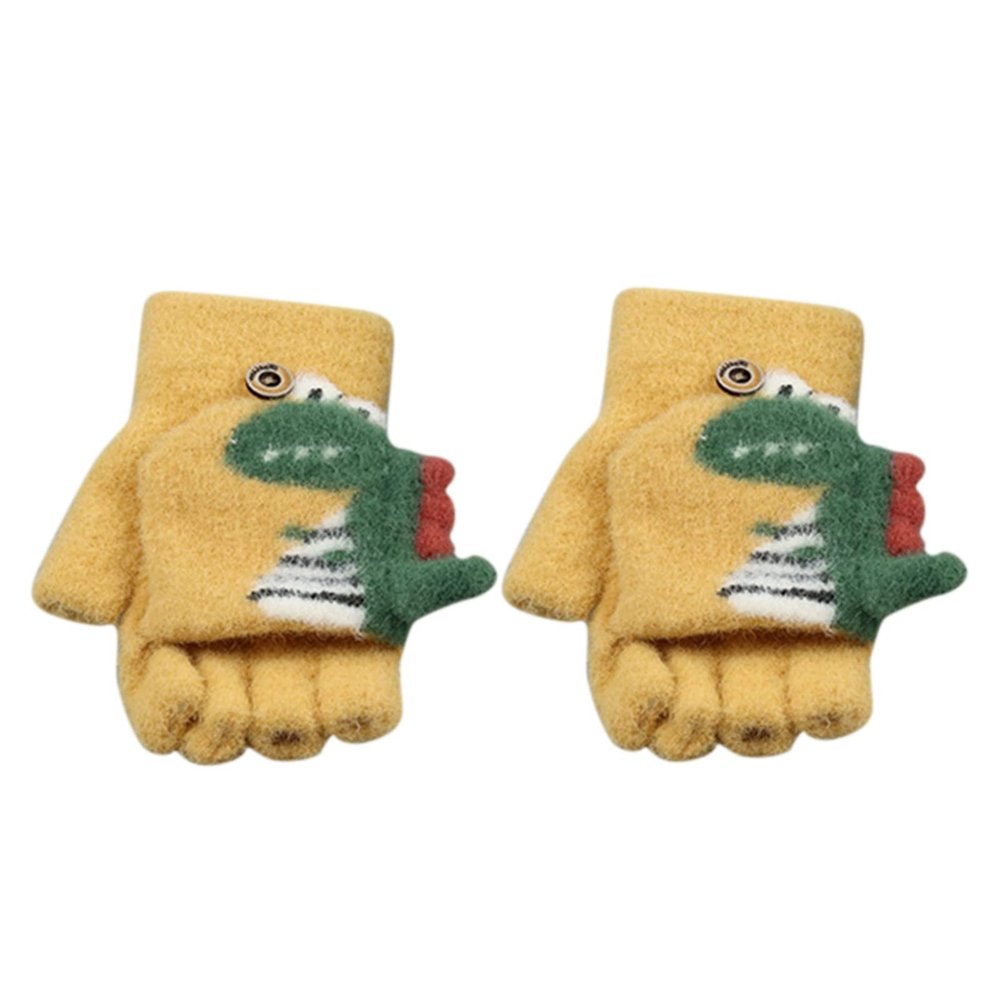Snow Gloves for Kids Cartoon Dinosaur Print Knitted Warm Convertible Flip Mittens Top Fingerless (Yellow, One Size)